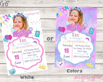 Zaproszenie urodzinowe inspirowane przez Like Nastya Youtuber, 4x6. Hiszpański, angielski