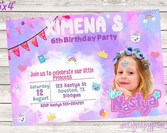 Birthday Invitation inspired by Like Nastya Youtuber, 4x6 Español, English