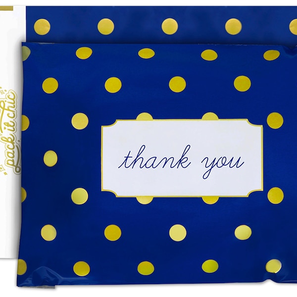 Pack It Chic - 10X13 (100 Pack) Navy Polka Dot Pattern - Thank You Poly Mailer Envelope Plastic Custom Mailing & Shipping Bags - Self Seal