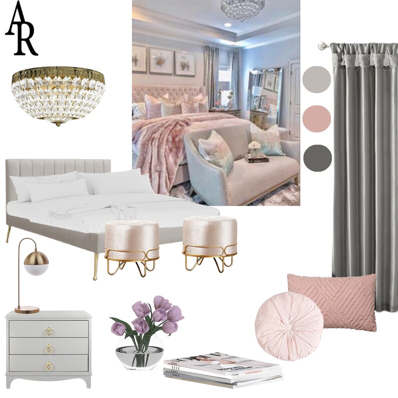 May include: A bedroom scene featuring a bed with white bedding, a gray headboard, and a pink throw blanket. The room includes a gray sofa, a chandelier, a nightstand, and decorative pillows. Two small pink ottomans with gold legs are also present.