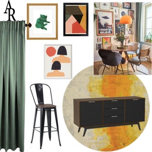 May include: An interior design scene featuring a variety of art prints, a black metal bar stool with a wooden seat, and a modern sideboard with black doors and drawers. A green curtain hangs on the left, and a dining table with chairs is visible in the background.