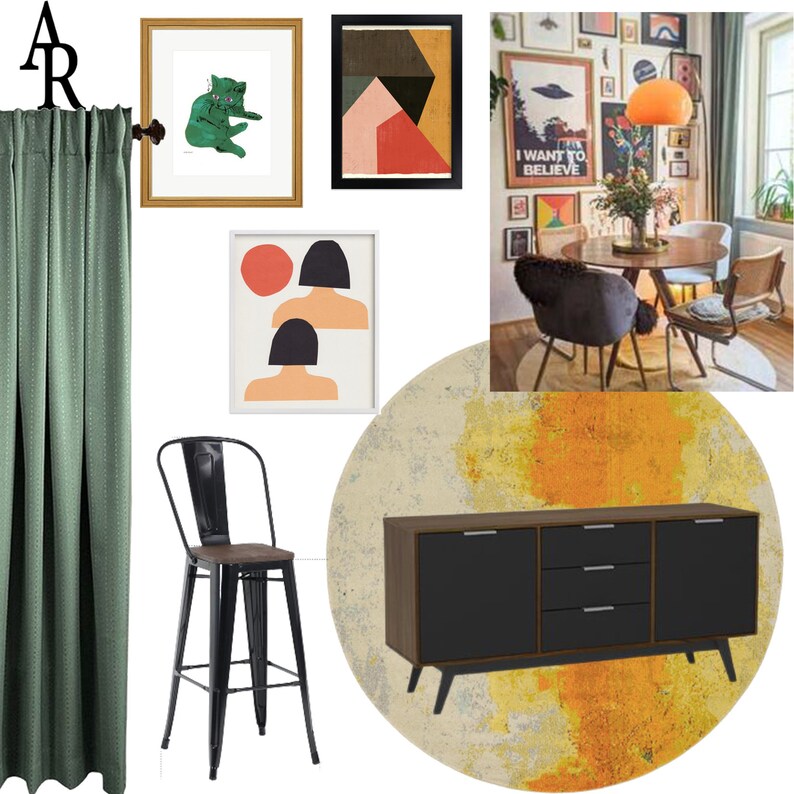 May include: An interior design scene featuring a variety of art prints, a black metal bar stool with a wooden seat, and a modern sideboard with black doors and drawers. A green curtain hangs on the left, and a dining table with chairs is visible in the background.
