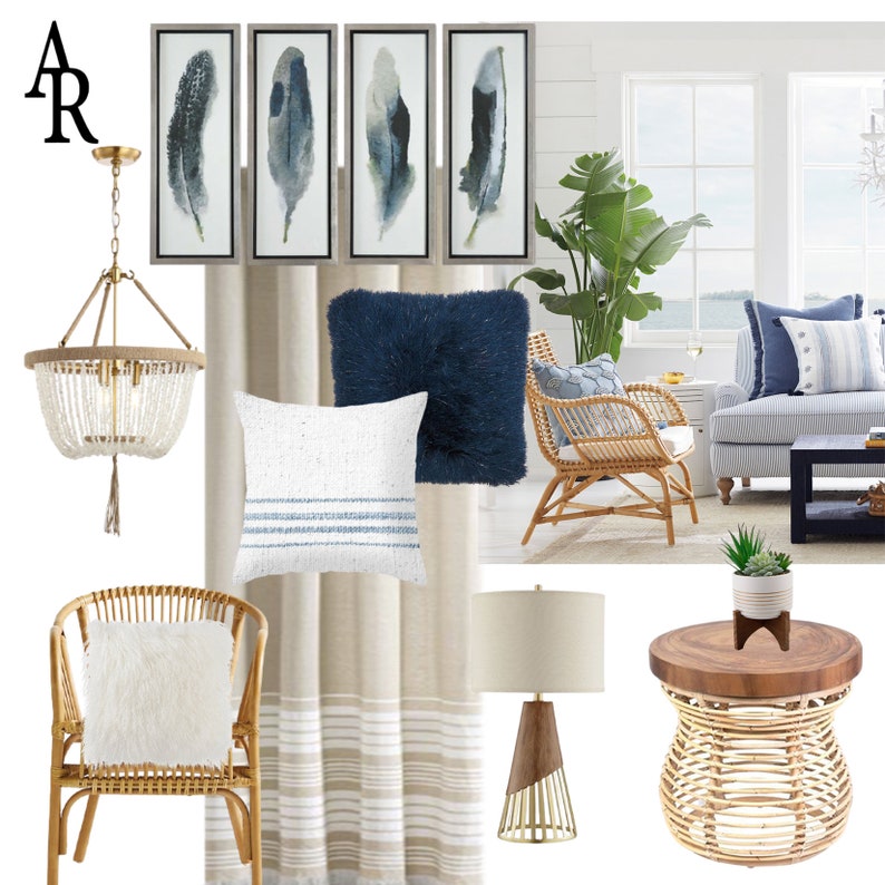 May include: Coastal-themed interior design featuring a rattan chair, a sofa with blue pillows, and a wooden side table. The room includes a beaded chandelier, feather art prints, and a floor lamp with a wooden base. The color palette includes shades of blue, beige, and white.