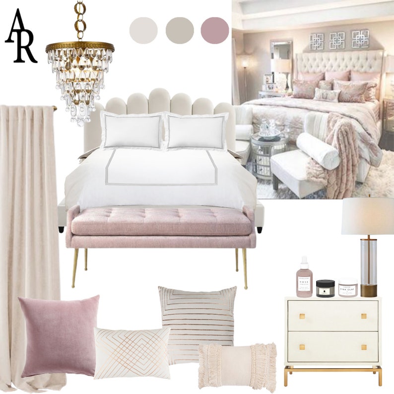 May include: A bedroom interior design featuring a bed with white bedding and a pink bench. Decorative pillows in various designs and colors are arranged on the bed. A chandelier and a nightstand with beauty products are also visible.