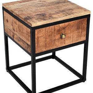 Solid Mango Wood Bedside Table | Rustic Industrial Nightstand with Drawer, Brass Knob