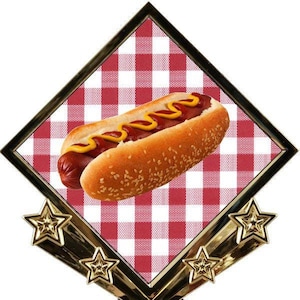 May include: Gold trophy with a red and white checkered background featuring a hot dog with mustard and ketchup. The trophy has five gold stars.