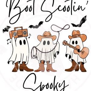 May include: A fun illustration shows three ghosts in cowboy boots and hats, with a boombox, lasso, and guitar. The text says "Boot Scootin' Spooky" in a playful font, with bats flying around. A Halloween theme.