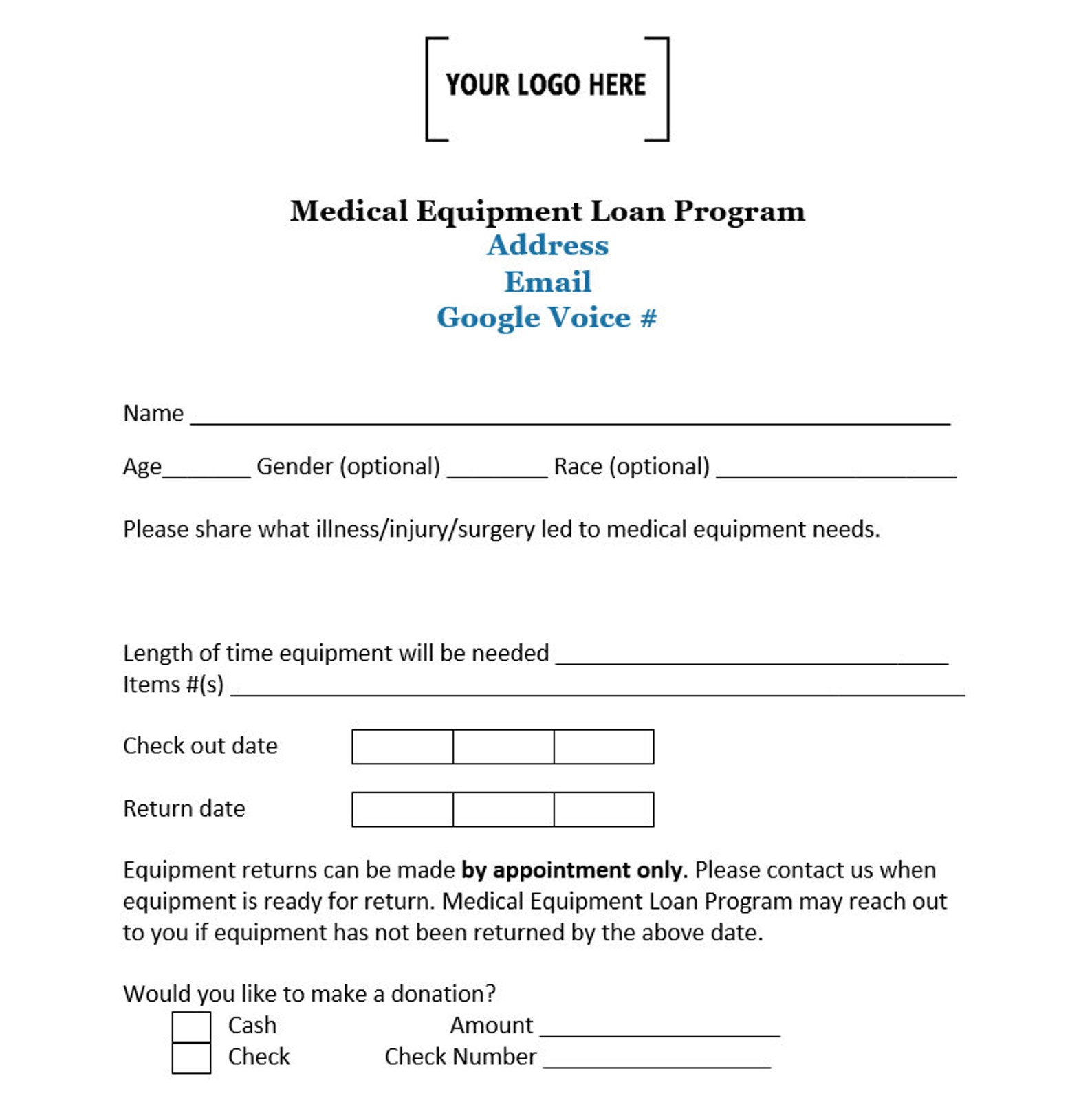 Durable Medical Equipment Loan Program Checkout Form Etsy