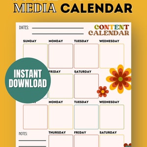 May include: A printable social media content calendar with a floral design. The calendar has spaces for each day of the week and includes sections for dates and notes.