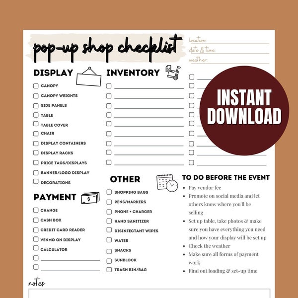 POP UP SHOP and Market Checklist | Pop-up shop checklist, craft show checklist