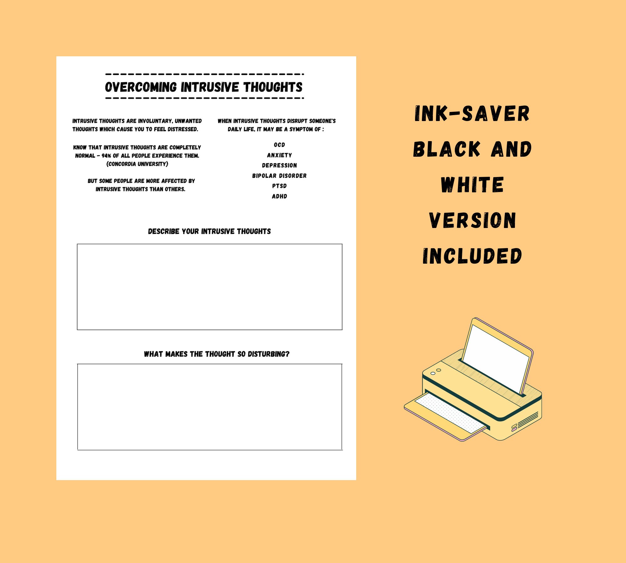 CBT Worksheets Intrusive Thoughts OCD Mental Health Etsy