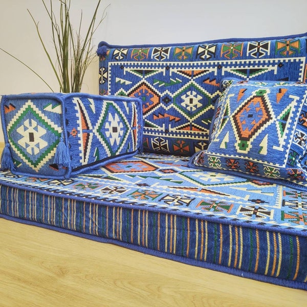Single floor seat, floor meditation sofa, bohemian balcony futon, blue floor cushion, minimalist home seat, Arabic style pillow, small sofa