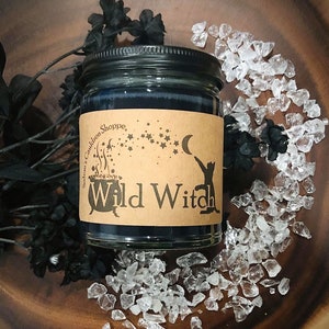 Wild Witch Ritual Candle (Smoke/Amber/Jasmine/Hyacinth/Oakmoss) - Freedom/Primal Energy - Herbs/Flowers/Moonstones - Soy Wax - 16oz