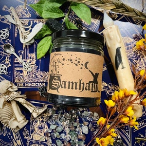 Samhain Ritual Candle (Charcoal/Tonka/Fall Leaves) - Pentacle Charm/Herbs/Resin/Crystals - 9oz Soy Wax