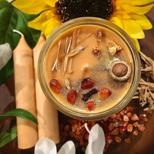 Ode to Demeter Spell Candle (Orange/Spices/Vanilla) - Greek Goddess Energy/Invocation/Altar - Herbs/Acorn/Crystals/Glitter - Soy Wax - 9oz