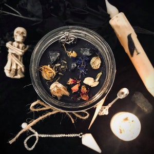 Garden of Necromancy Skull Candle (Jasmine/Neroli/Black Currants/Rain Water) - Nostalgia Candle - Flowers/Clear Quartz/Pentacle - 16oz - Soy