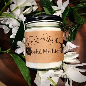 Peaceful Meditation Spell Candle (Woods/Citrus/Light Florals) - Tranquility/Peace/Introspection - Herbs/Flowers/Crystals - Soy Wax - 9oz