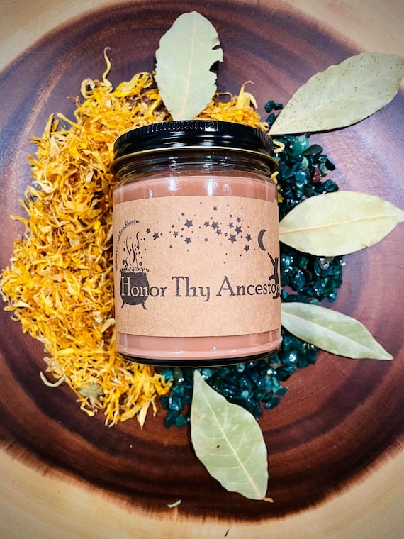 Honor Thy Ancestors Spell Candle (Rum/Tobacco) - Ancestor Altar/Honor/Offering - Herbs/Flowers/Crystals - Soy Wax - 9oz