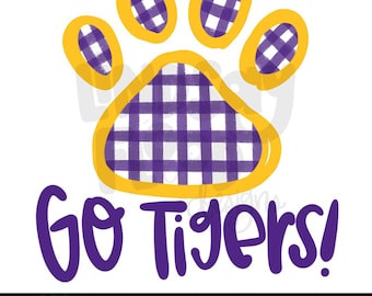 Go Tigers LSU Louisiana Gingham Paw Print Sublimation PNG Tshirt Design Digital Design Gold Purple