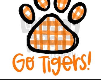 Go Tigers Gingham Paw Print Sublimation PNG Tshirt Design Digital Design Orange Black