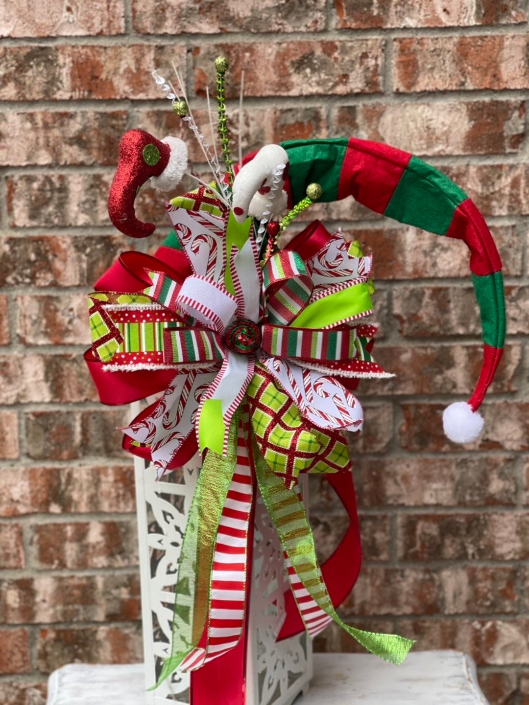Whimsical Christmas Tree Topper, Elf Hat, Tree Topper, Grinch Themed Tree Topper, Wreath Bow