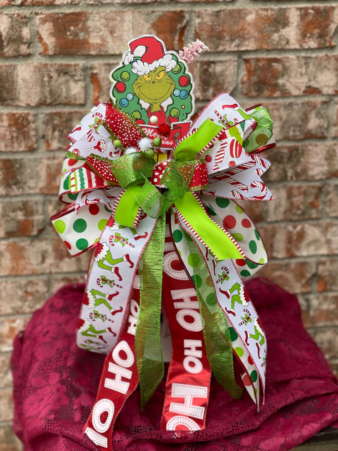 Whimsical Christmas Tree Topper, Christmas Bow, Tree Topper, Grinch