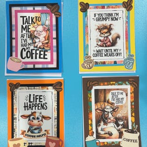 Alle Anlass handgemachte Grußkarten Set mit vier thematischen Highland Kühen, Kaffee, Highland Kühe