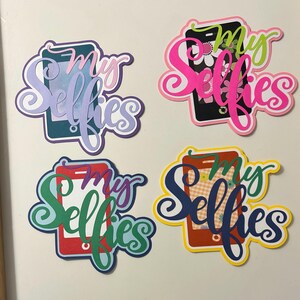 Adorno de título para álbum de recortes "Mis selfies", papel hecho a mano, perforado y troquelado
