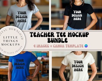 May include: A mockup bundle of four teacher t-shirt designs. Each t-shirt features the text "Your Design Here" in a black, white, gray, or blue color. The text is in a playful, rounded font. The images are set against a classroom background.