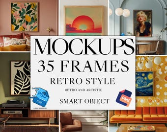 May include: An image showcasing a variety of framed art mockups in a retro style. The image includes the text "MOCKUPS 35 FRAMES RETRO STYLE RETRO AND ARTISTIC SMART OBJECT". The art includes a sunset, floral, and portrait designs.