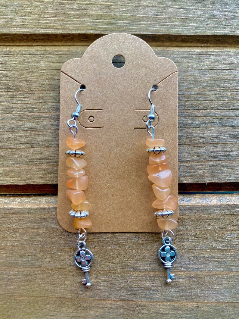 Orange Aventurine Dangle Earrings with Key Charm