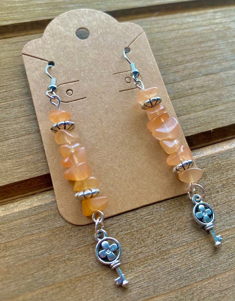 Orange Aventurine Dangle Earrings with Key Charm