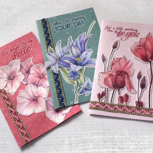 3-delige bloemenwenskaarten Vouwwensambacht Kleurpotloodtekening Kunstpapier Stoffen lint Alle gelegenheden Origineel ontwerp Handgemaakte geschenkset