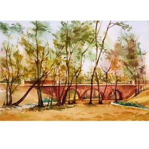 Quiet golden autumn watercolor Old bridge in the park Original painting landscape Warm colors drawing Gift for lovers nature