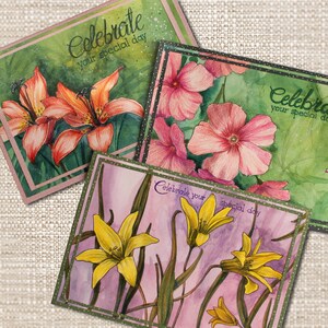Juego de tarjetas de felicitación de flores 3 tarjetas de felicitación originales plegadas Lápiz de color acuarela Plegable deseando tarjeta interior en blanco Regalo para toda ocasión