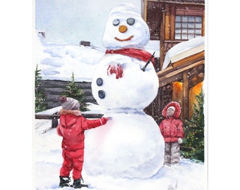 Children and snowman Winter scenery original watercolor Kids snow playing Snowy cityscape painting Austrian hotel Gift for everyone