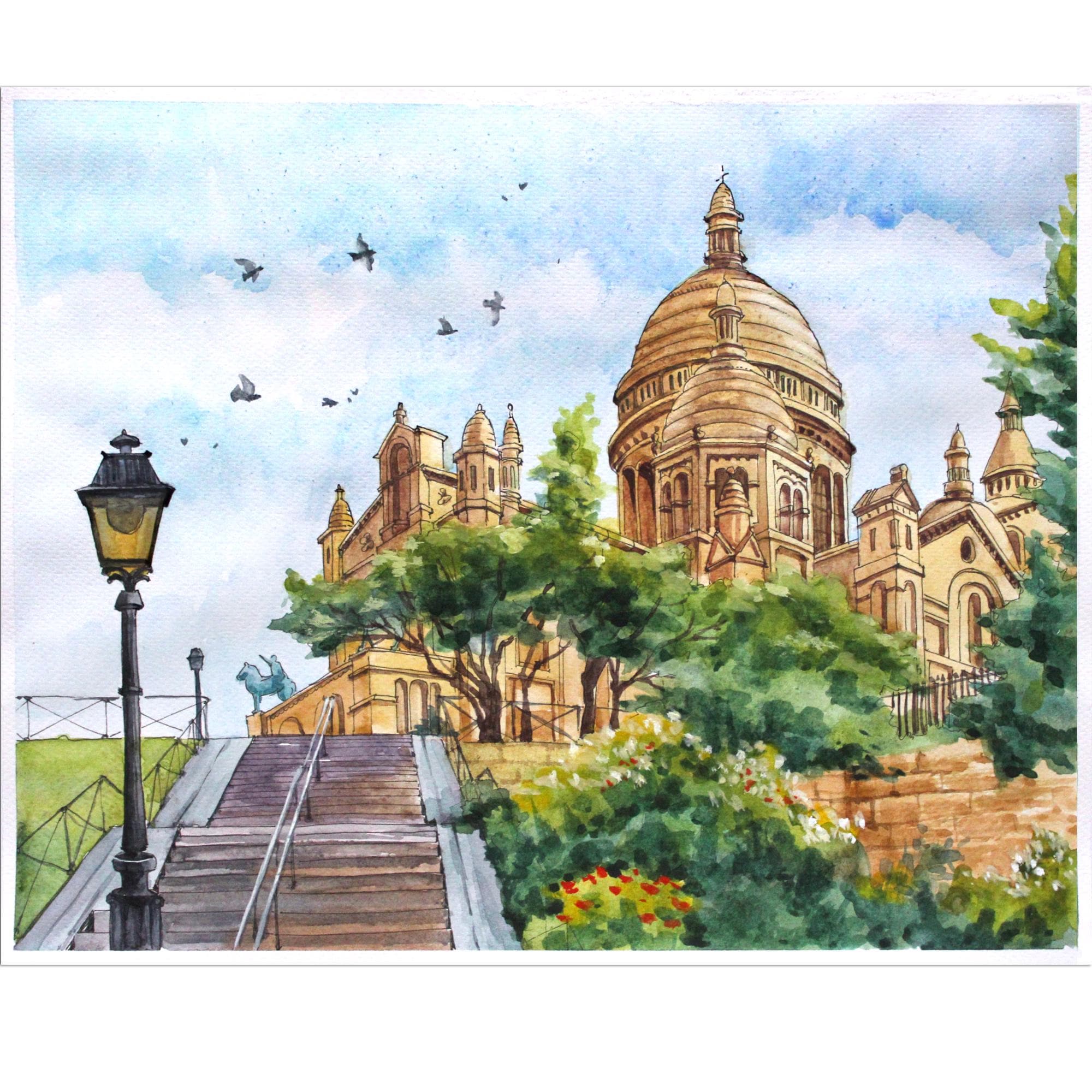 モンマルトル パリ オリジナル水彩画: サクレ クール美術館 (11.8*9.5