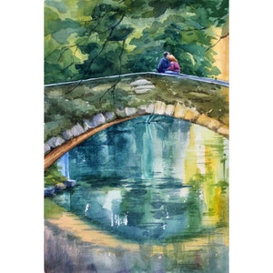 lovers on the bridge watercolor Bruges historical place Original cityscape painting Old bridge over the river Gift for a loved one