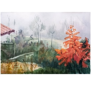 Original Watercolor Painting: Foggy Autumn Village Landscape Art