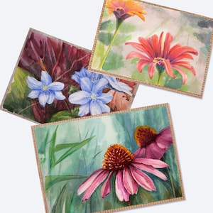 Juego de tarjetas de felicitación florales Lápices de colores originales Dibujo de acuarela Plegable en blanco dentro de tarjetas botánicas Regalo hecho a mano de toda ocasión