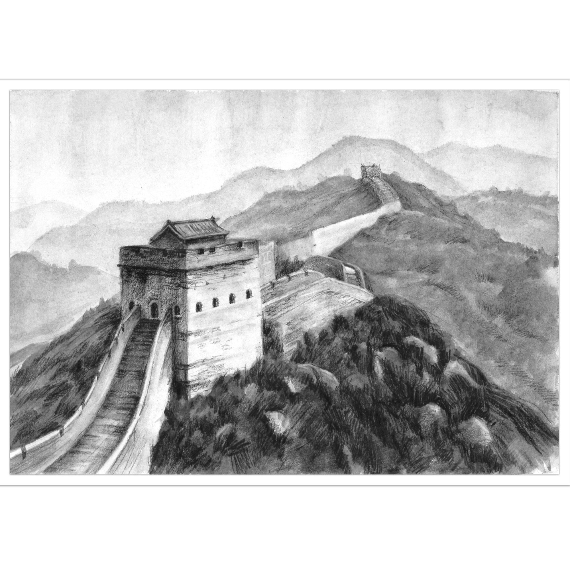 Buy Great Wall of China Pencil and Charcoal Original Graphics