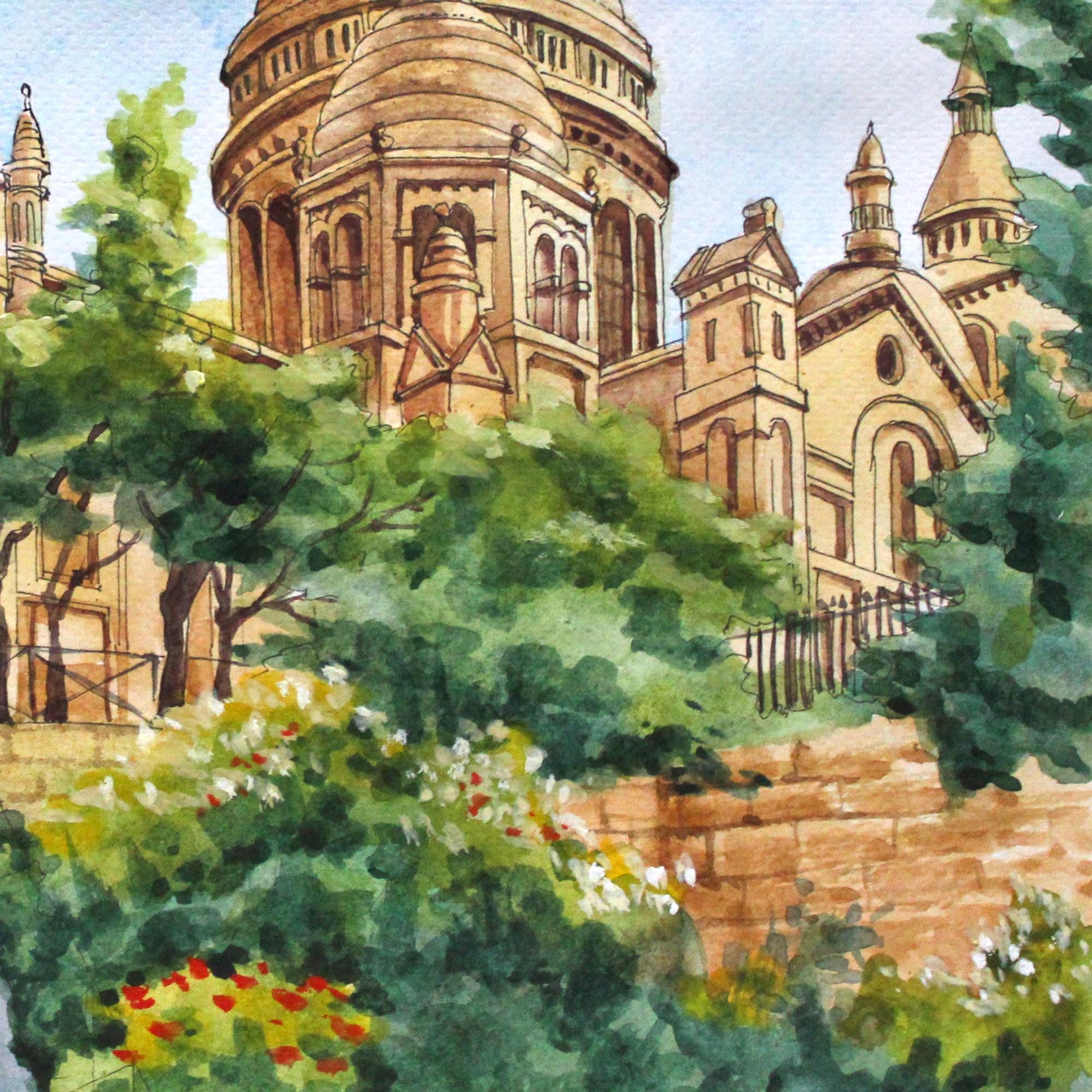 モンマルトル パリ オリジナル水彩画: サクレ クール美術館 (11.8*9.5