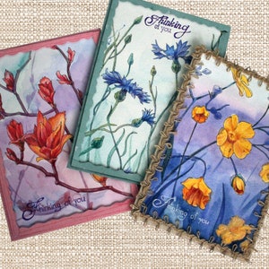 3 Stück Blumen Grußkarten Kunst Papier Original Klapp Handgemachte Wunschkarten Farbstift Aquarell Zeichnung Aller Anlass Geschenk Blank innen