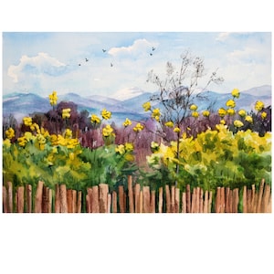 Original Aquarell Gemälde: Sommerliche Dorflandschaft mit gelben Blumen