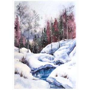 Winter Forest Original Watercolor Painting: Snowy River Landscape Art (7.1*9.9 in)