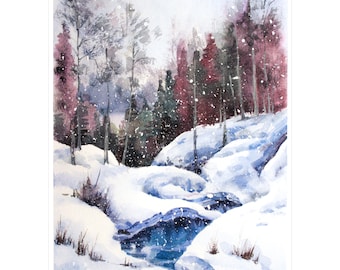 Winter forest watercolor Snowy landscape original painting River with tree at the snow Morning snowfall Gift for everyone Village scenery