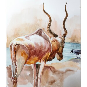 L'antilope beve l'acqua Acquerello di animali africani Incontro in un abbeveratoio Dipinto originale della fauna selvatica Ricordi di viaggio Regalo per tutti