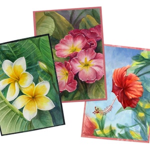 Set di biglietti d'auguri floreali Illustrazioni a matita colorata ad acquerello botanico Fiori tropicali regalo originale con disegno Biglietto pieghevole interno vuoto