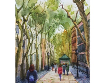 Autumn city alley watercolor People walking in the park Cityscape original painting Leaf fall on the sidewalk Cozy calm landscape