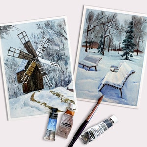 冬の風景の水彩画カード スケッチ雪景色セット オリジナルのシングルブランクカード 雪景色の街並み 風車公園 みんなへのギフト